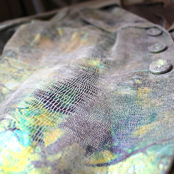 JACKET PAMELA MCCOY  Leather Foil Iridescent Snake Print Peplum Jacket - SZ  LG - Picture 10 of 12